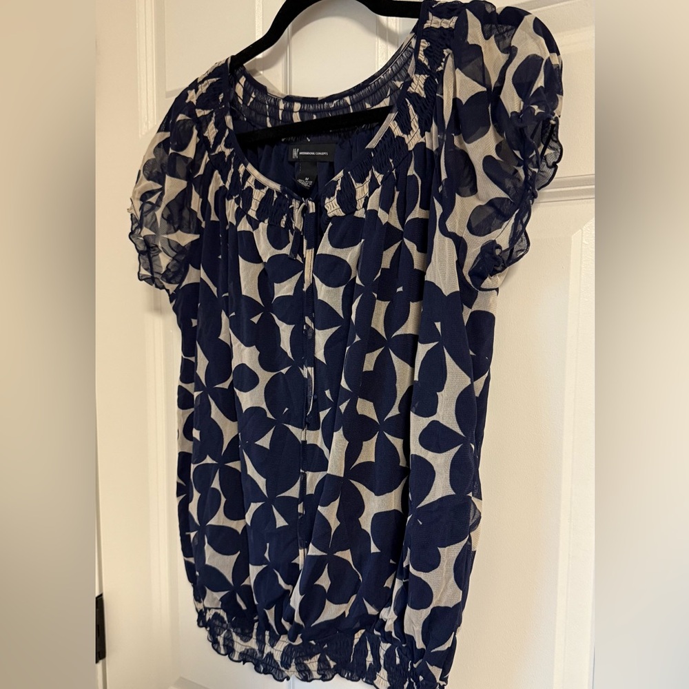 Babydoll Top INC Sz M Navy Ruffle Blouse Vintage Y2K Office Short‎ Sleeve Scoop - Picture 6 of 6